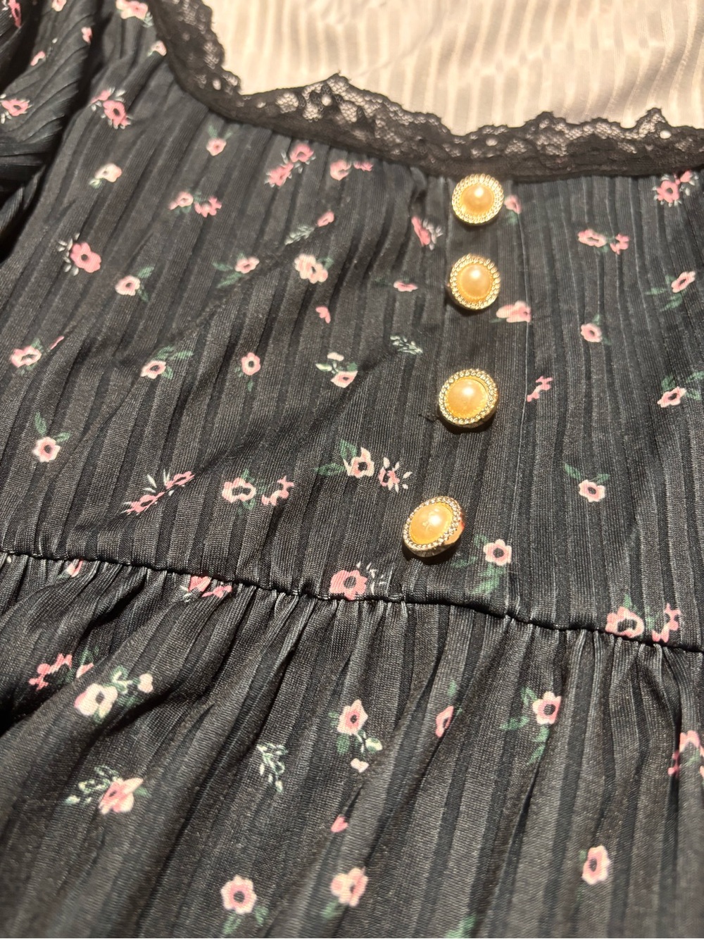 Dark Floral Scoop Neck Peplum Top - Black with Pink Flowers - Picture 2 of 3